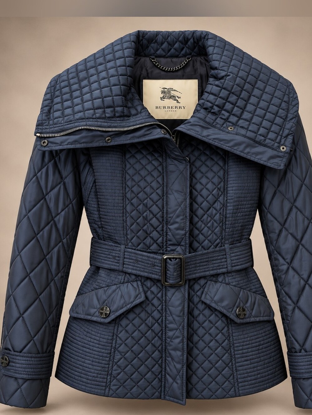 Burberry London Navy Quilted Funnel Collar Belted Jacket Womens US 10 IT 44